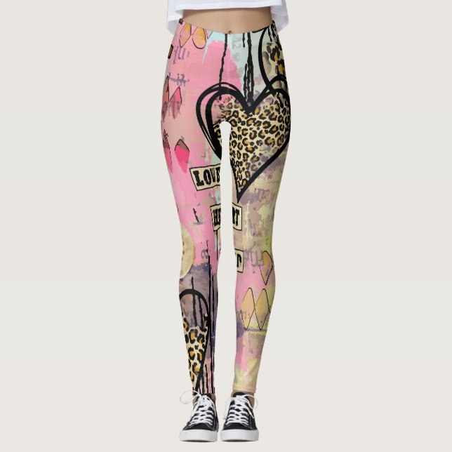 Modern watercolor heart leopard skin leggings (Front)