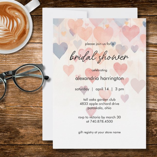 Modern Watercolor Hearts Bridal Shower Invitation (Creator Uploaded)