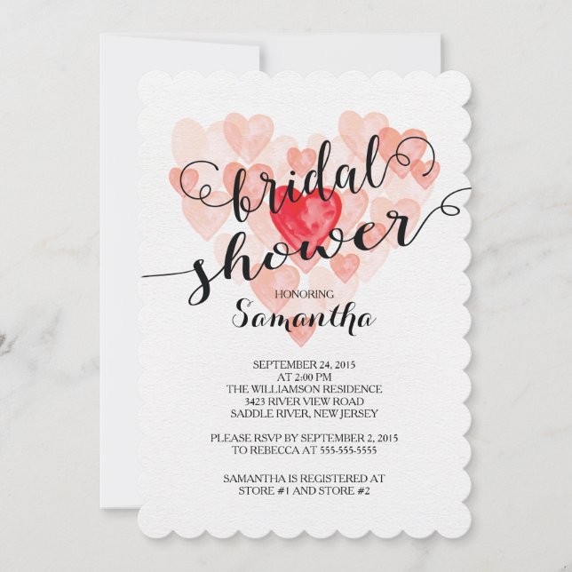 Modern Watercolor Hearts Bridal Shower Invitation (Front)