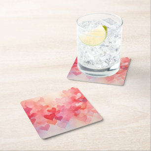 Modern Watercolor Hearts Pattern Red Orange Square Paper Coaster