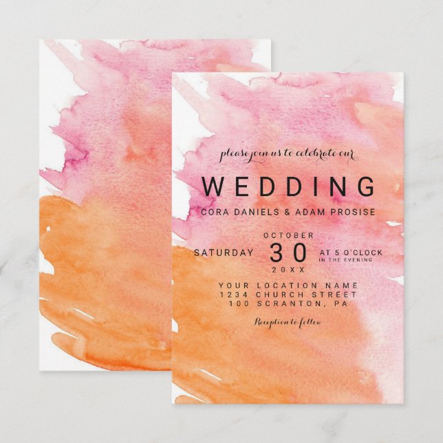 Modern Watercolor Hearts Wedding Card (Front/Back)