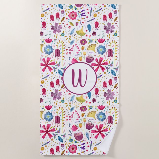 Modern Watercolor Hedgerow Flower Monogram Beach Towel (Front)