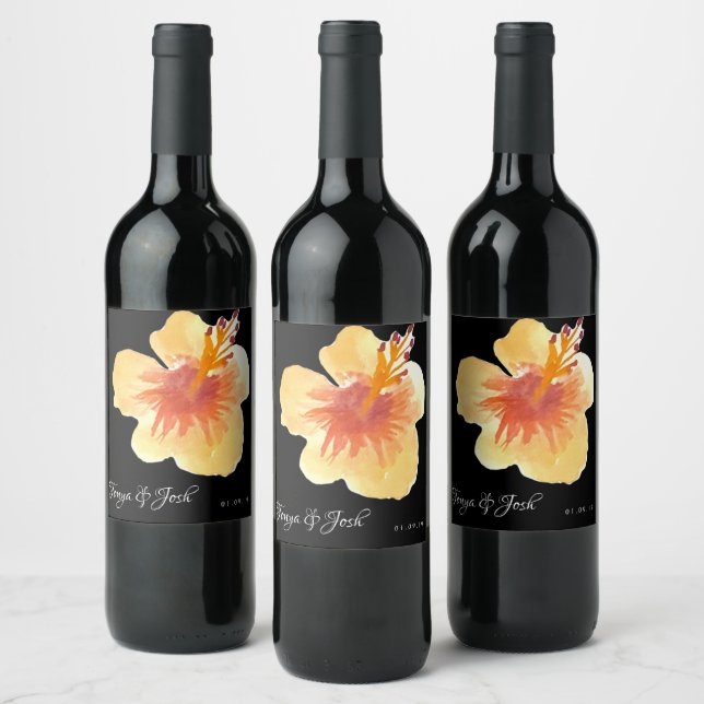 Modern Watercolor Hibiscus Summer Yellow  Tropical Wine Label (Bottles)
