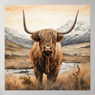 Modern watercolor highland cow poster painting 