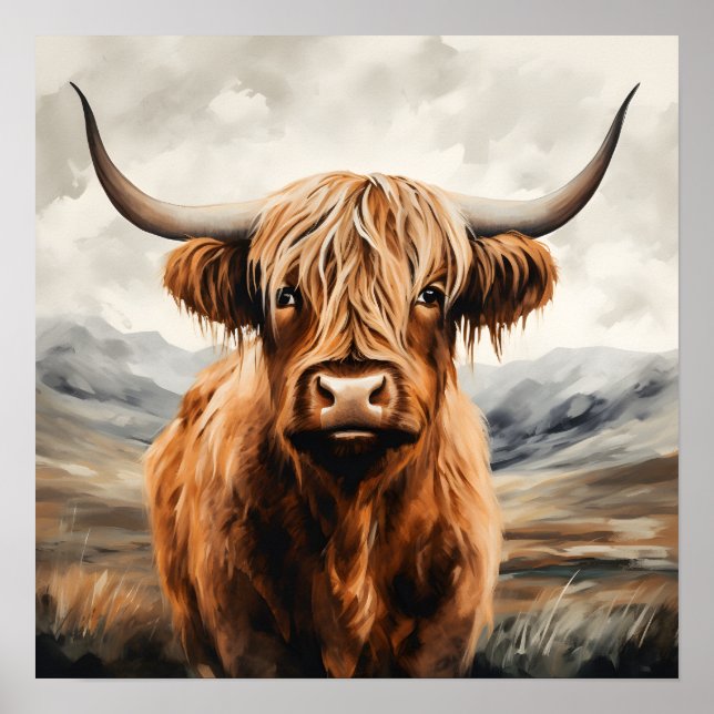 Modern watercolor highland cow poster painting  (Front)