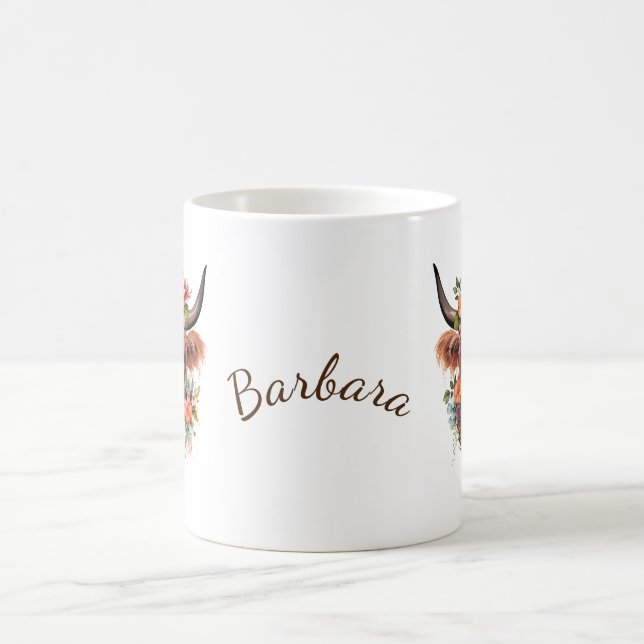 Modern Watercolor Highland Cow with Flowers Coffee Mug (Center)