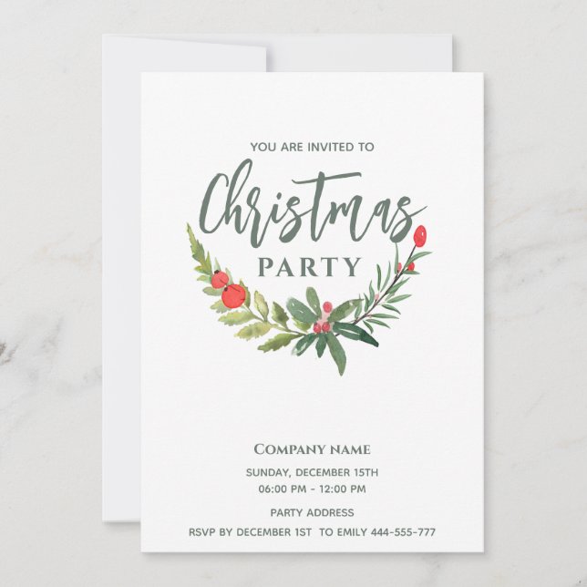 Modern Watercolor holly greenery Christmas party  Invitation (Front)