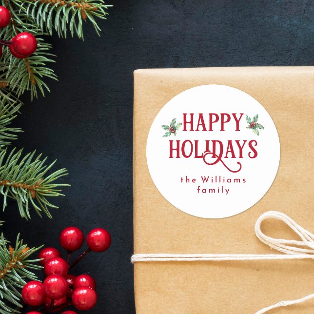 Modern Watercolor Holly & Red Happy Holidays Classic Round Sticker (Creator Uploaded)