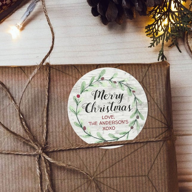 Modern Watercolor Holly Wreath Christmas Classic Round Sticker (Creator Uploaded)