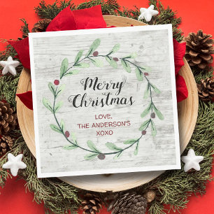 Modern Watercolor Holly Wreath Christmas Napkin