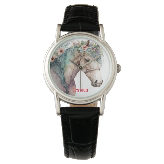 Modern Watercolor Horse and Flowers Name  Watch (Front)