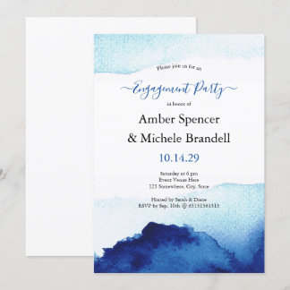 Modern Watercolor Indigo Blue Engagement Party Invitation