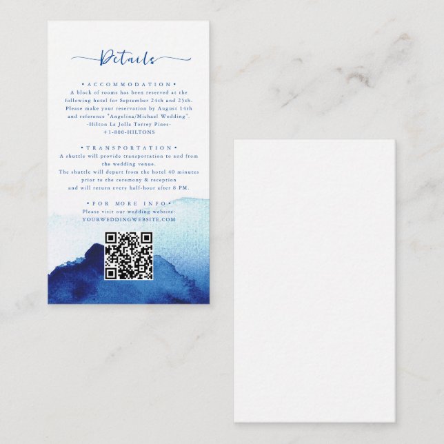 Modern Watercolor Indigo Blue Wedding Detail Enclosure Card (Front/Back)