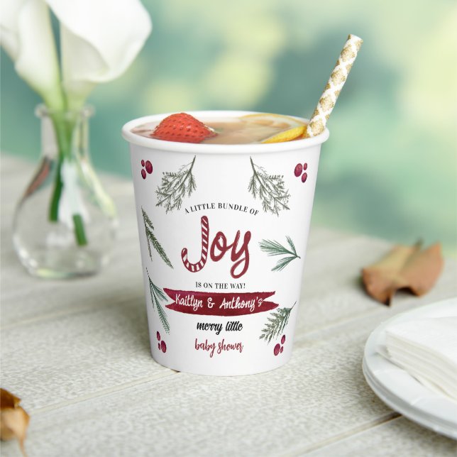 Modern Watercolor "Joy" Candy Cane Baby Shower Paper Cups (Insitu)