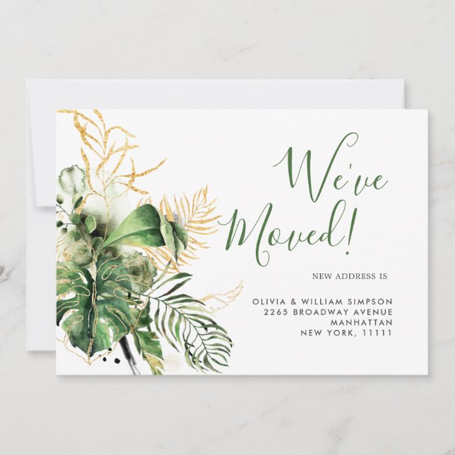 Modern Watercolor Jungle Tropical Greenery Moving Announcement (Front)