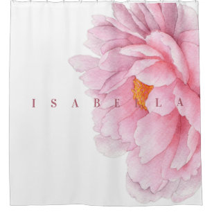 Modern Watercolor Large Peony Personalised Name Shower Curtain