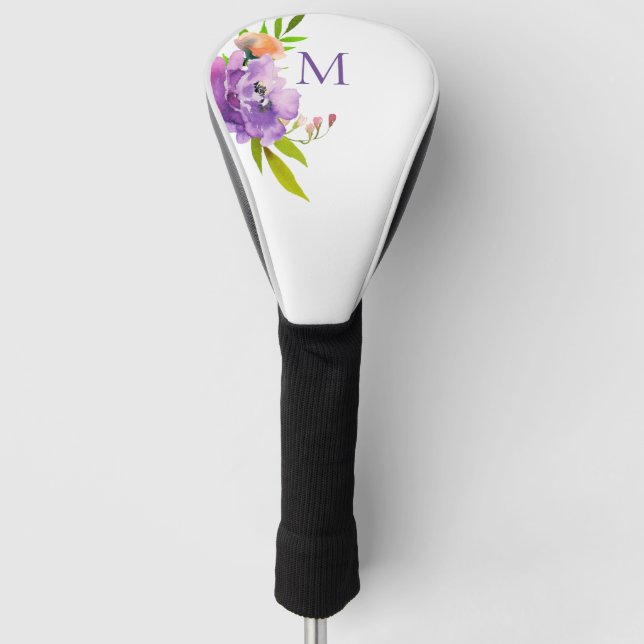Modern Watercolor Lavender Floral Monogram Golf Head Cover (Front)