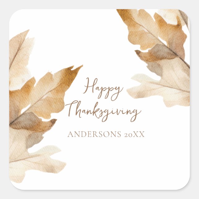 Modern Watercolor Leaf Thanksgiving Square Sticker (Front)