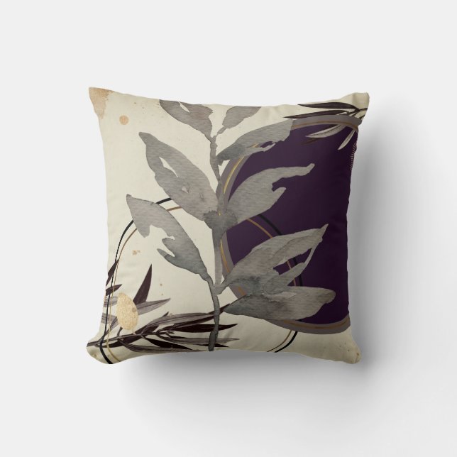 Modern Watercolor Leaves | Eggplant Cushion (Front)