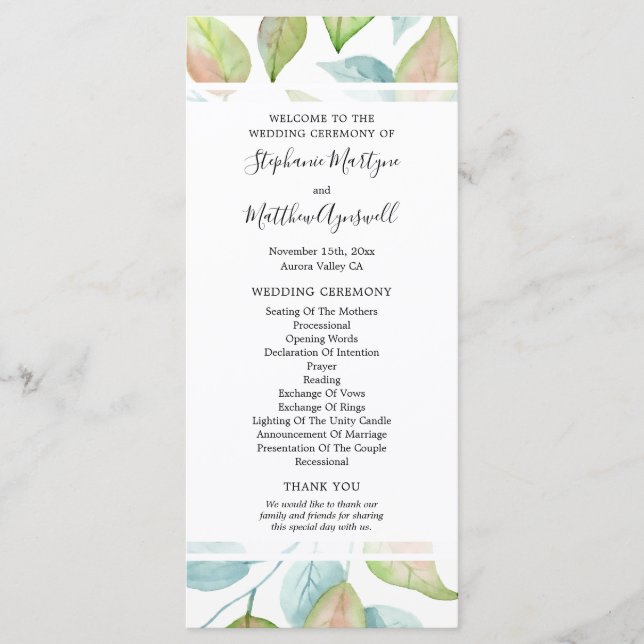 Modern Watercolor Leaves Foliage Wedding Ceremony Programme (Front)