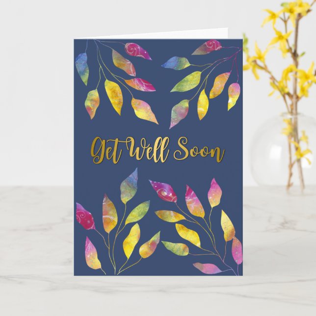 Modern Watercolor Leaves "Get Well Soon" Card (Yellow Flower)