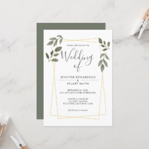 Modern watercolor leaves gold frame Wedding Invitation