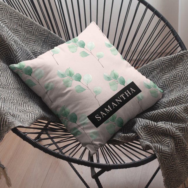 Modern Watercolor Leaves Pattern With Name Cushion (Creator Uploaded)