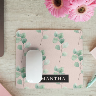 Modern Watercolor Leaves Pattern With Name Mouse Mat
