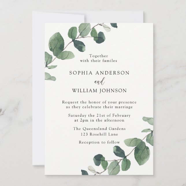 Modern Watercolor Leaves Spring Wedding Invitation (Front)
