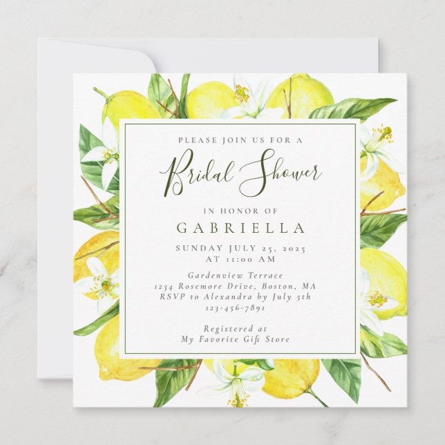 Modern Watercolor Lemon Botanical Bridal Shower Invitation (Front)