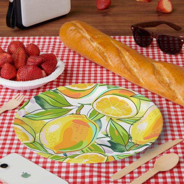 Modern Watercolor Lemon Garden yellow Paper Plate (Picnic)