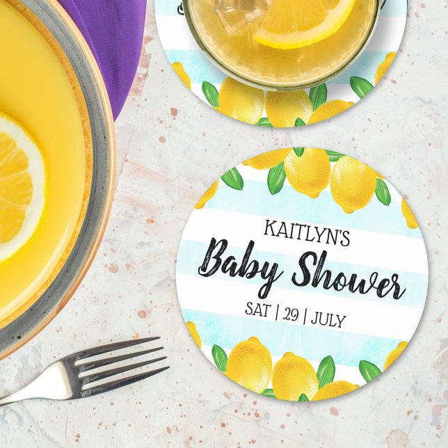 Modern Watercolor Lemon Tree Baby Shower Round Paper Coaster (Creator Uploaded)