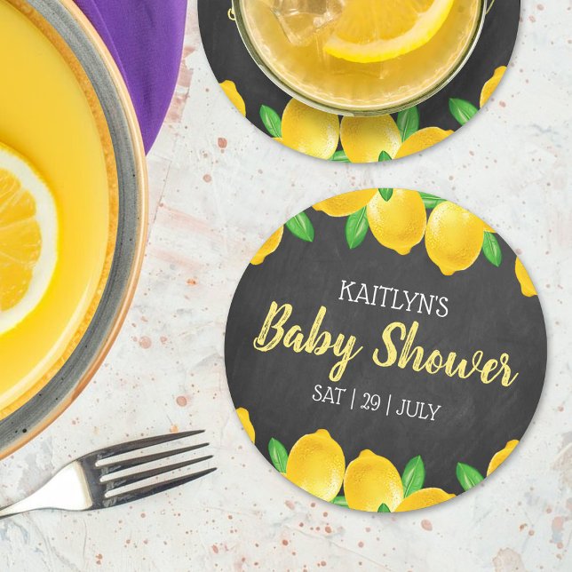 Modern Watercolor Lemon Tree Baby Shower Round Paper Coaster (Creator Uploaded)