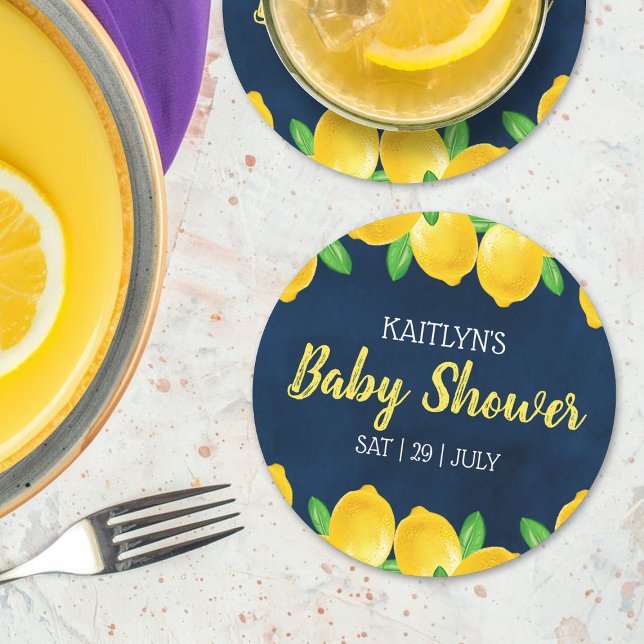 Modern Watercolor Lemon Tree Baby Shower Round Paper Coaster (Creator Uploaded)