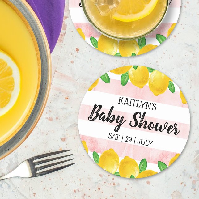 Modern Watercolor Lemon Tree Baby Shower Round Paper Coaster (Creator Uploaded)