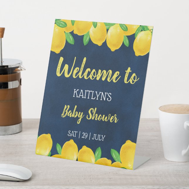 Modern Watercolor Lemon Tree Baby Shower Welcome Pedestal Sign (In SItu)