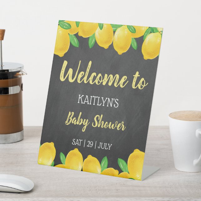 Modern Watercolor Lemon Tree Baby Shower Welcome Pedestal Sign (In SItu)