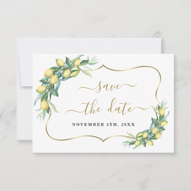 Modern Watercolor Lemon Wedding Calligraphy Save The Date (Front)