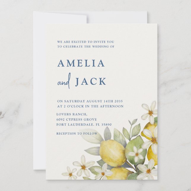 Modern Watercolor Lemons & Floral Wedding Invitation (Front)