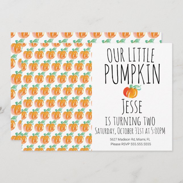 Modern Watercolor Little Halloween Pumpkin Invitation (Front/Back)