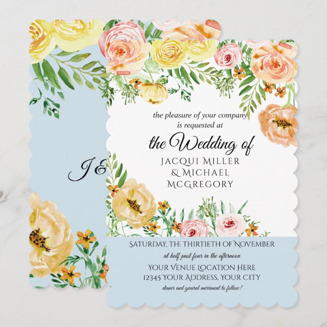 Modern Watercolor Loose Yellow Peach Blush Floral Invitation (Front/Back)
