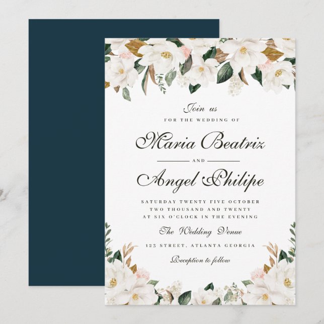 Modern watercolor magnolia floral wedding invitation (Front/Back)