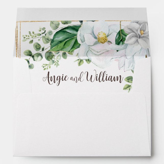 Modern Watercolor Magnolia Wedding Envelope (Back (Bottom))