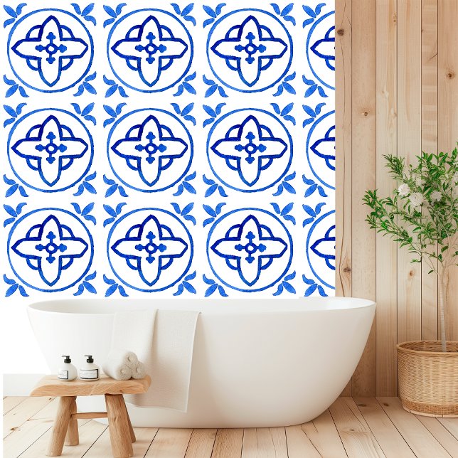 Modern Watercolor Mediterranean Blue Tile Wallpaper (Creator Uploaded)