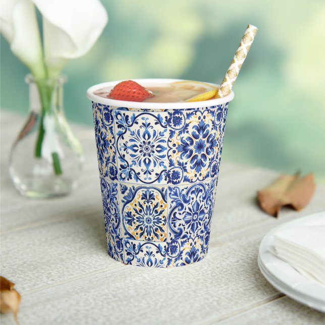 Modern Watercolor Mediterranean  Blue Tiles  Paper Cups (Insitu)