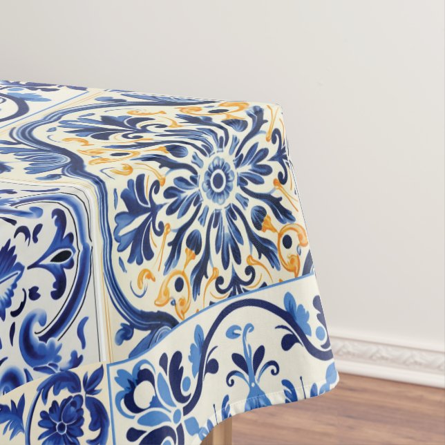 Modern Watercolor Mediterranean  Blue Tiles  Tablecloth (In Situ)