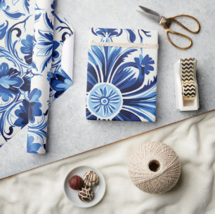 Modern Watercolor Mediterranean  Blue Tiles  Wrapping Paper
