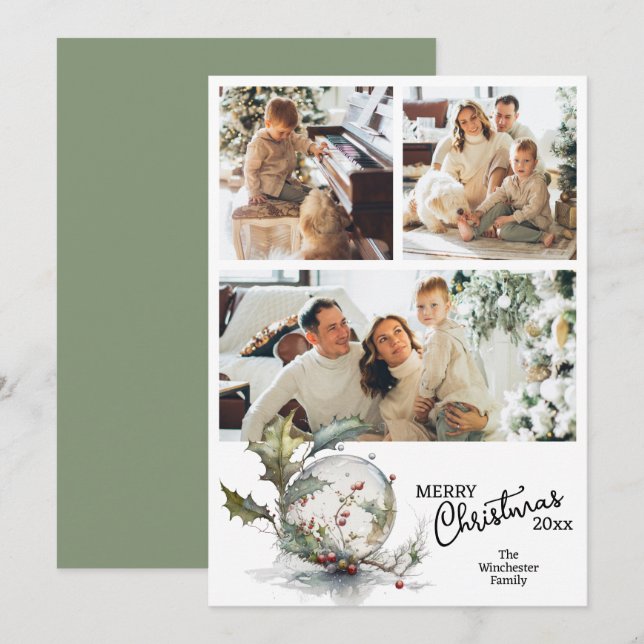 Modern Watercolor Merry Christmas Multiple Photo  Holiday Card (Front/Back)