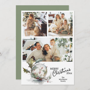 Modern Watercolor Merry Christmas Multiple Photo Holiday Card