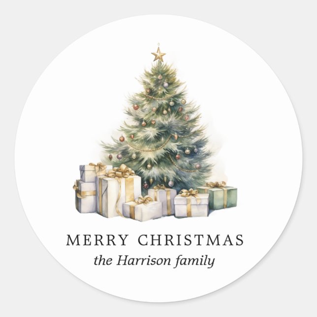 Modern Watercolor Merry Christmas Tree Classic Round Sticker (Front)